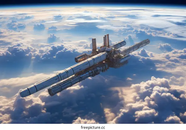 An illustration of a large spaceship above the clouds