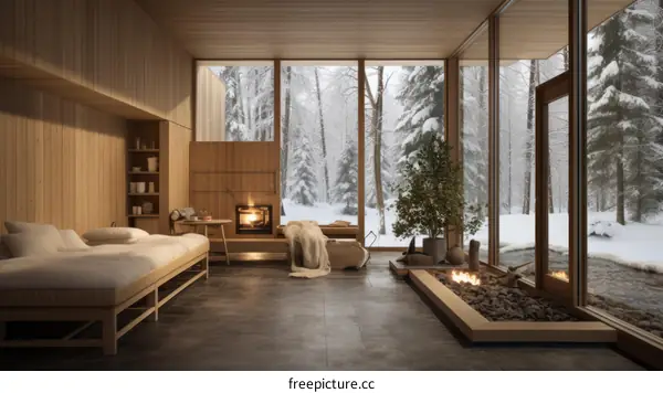 A wooden house in a snowy forest