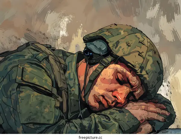 A soldier sleeping in a war zone