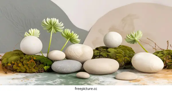 Green Plant and White Stone Composition on Moss Background