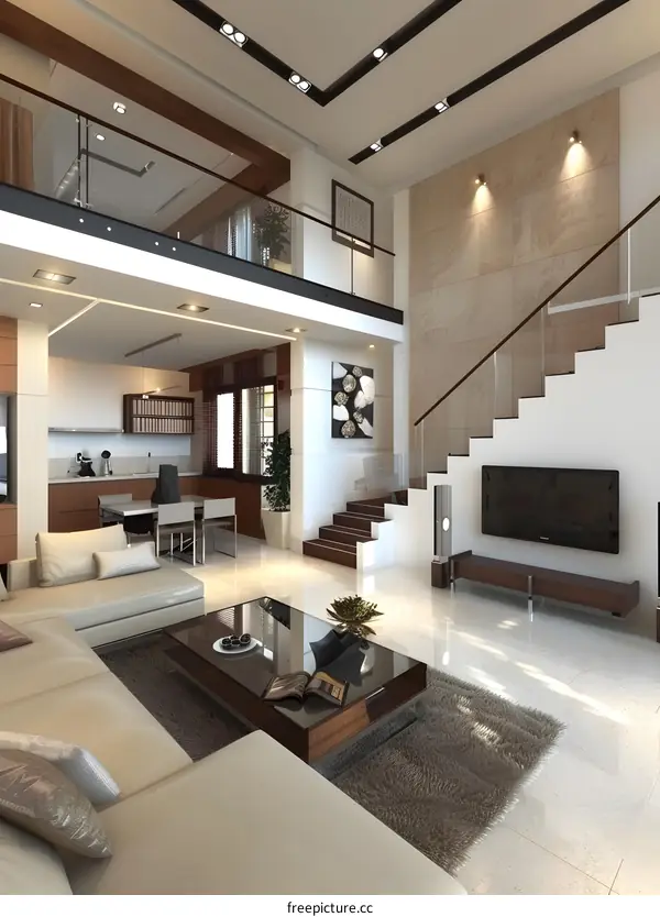 Modern Home Interior Design With Glass Railings And White Walls