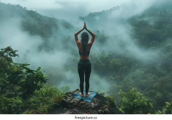 woman doing yoga on a rock in the misty mountains