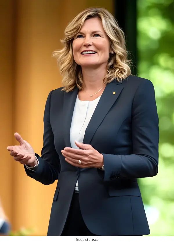 Portrait of a Woman in a Blue Blazer Speaking at a Conference