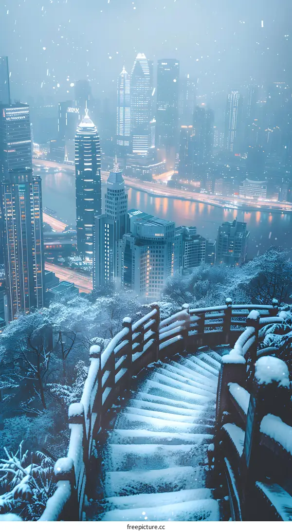 Snowy Cityscape with Stairs Leading Down to the River