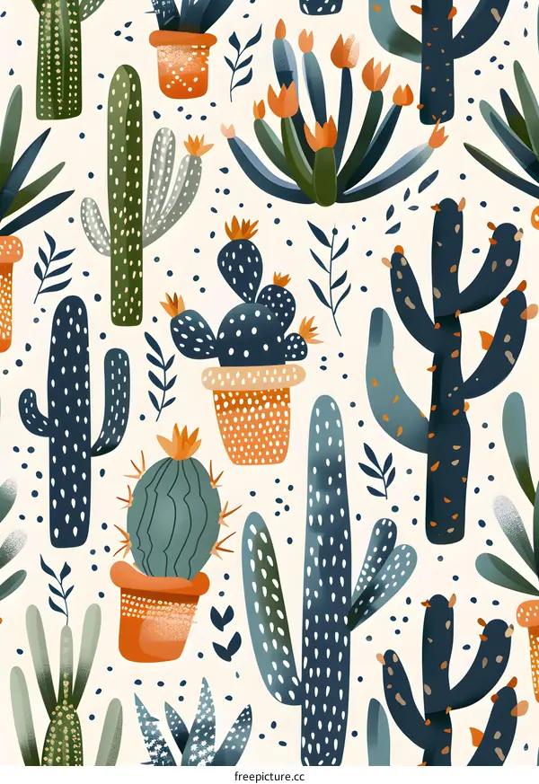 Cactus Seamless Pattern Green Blue Potted Desert