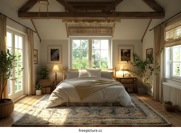 Cozy Bedroom with Large Windows and Wooden Beams