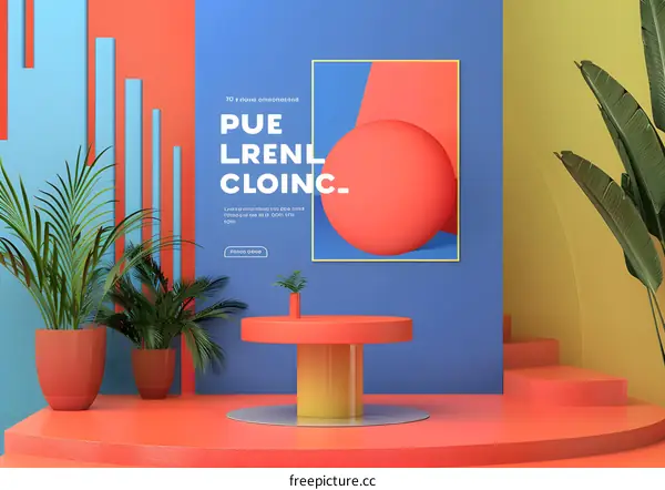 Abstract Minimalist 3D Room Interior Design With Blue Walls, Red Floor, And Yellow Table