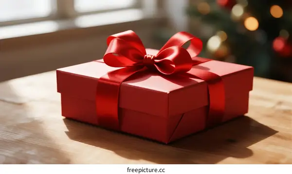 A Red Gift Box Tied with a Bow on Wooden Table