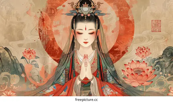 Graceful and Elegant Chinese Lady in Traditional Hanfu Dress with Peonies and Mountains in the Background