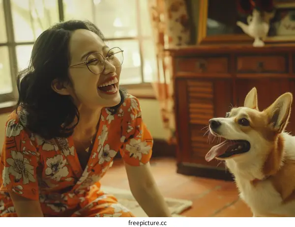 A woman is playing with a corgi dog in the living room