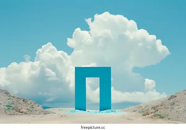 Blue Rectangular Structure in Desert with Sky and Clouds