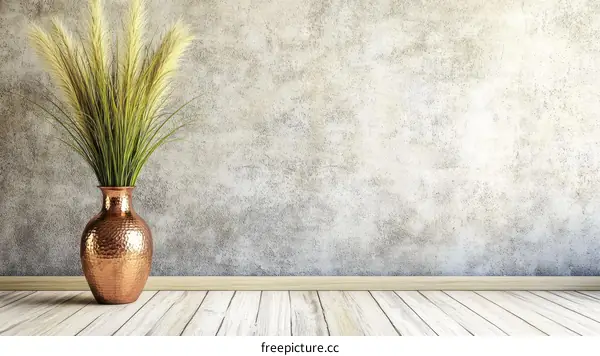 Copper Vase with Dried Flowers on a Light Beige Wall