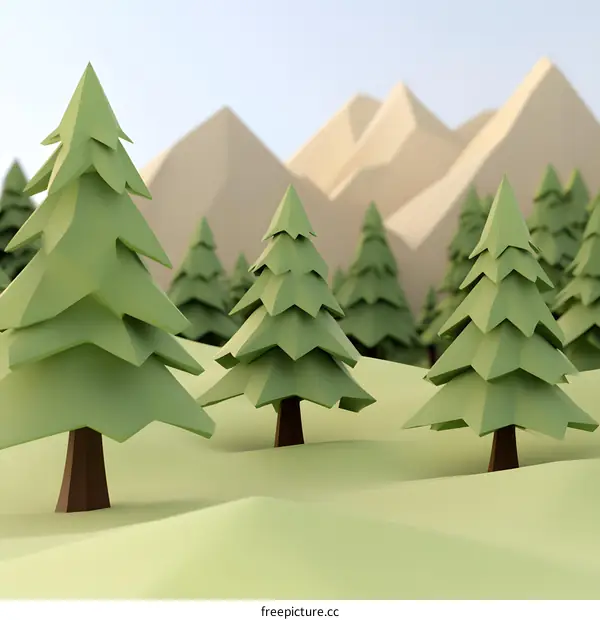 Low Poly Illustration of a Forest with Mountains in Background