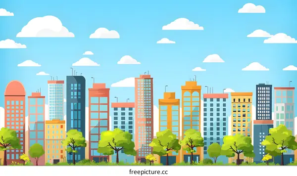 Cartoon City Skyline Illustration With Blue Sky and Green Trees