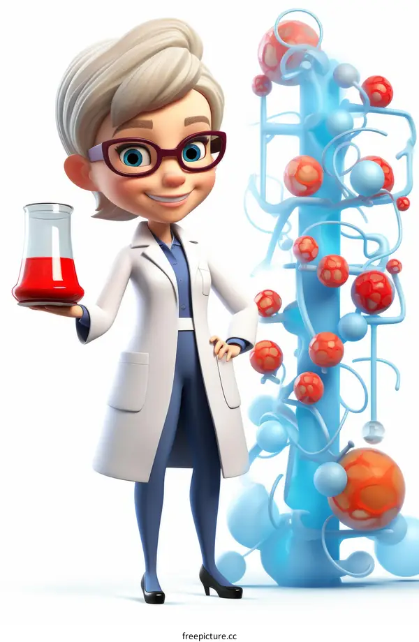 A cartoon scientist is holding a red flask with a blue and red molecule model next to her