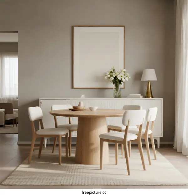 Minimalist Dining Room with Light Wood Table and White Chairs