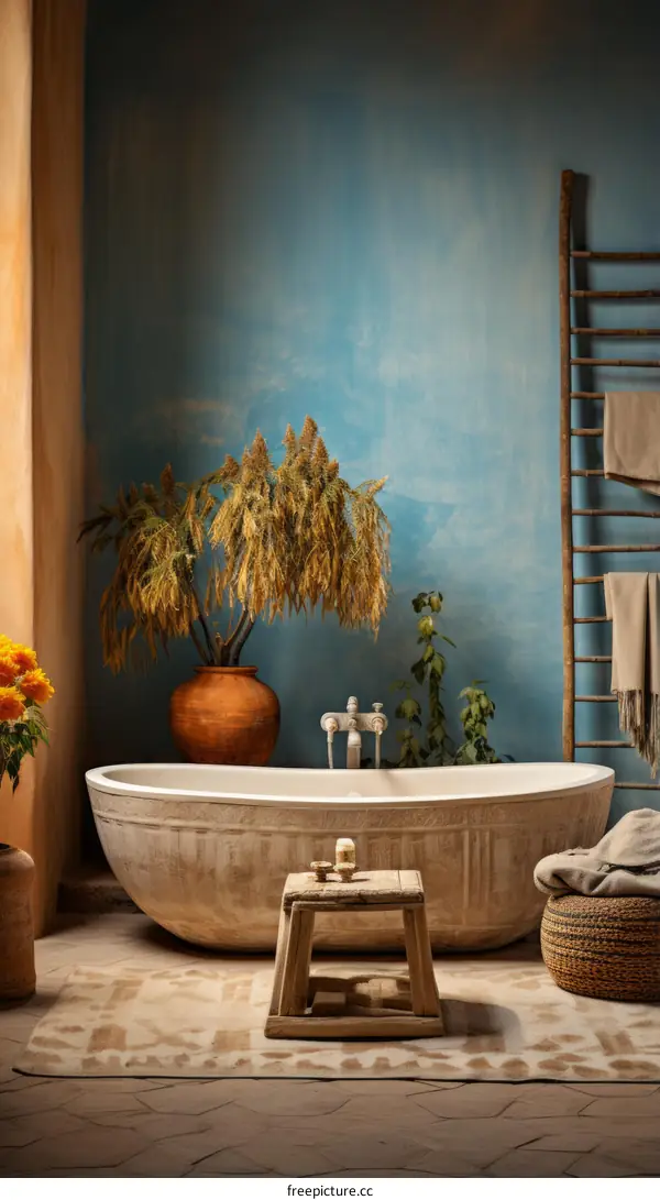 Bathroom with a blue wall and a large bathtub