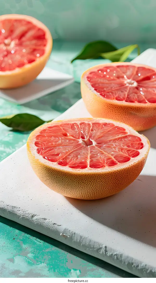 Freshly Cut Grapefruit Halves on a White Board