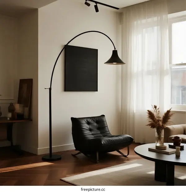 Modern living room with black armchair and arched floor lamp