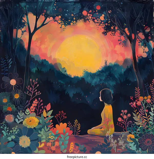 Woman Sitting in Forest with Sunset