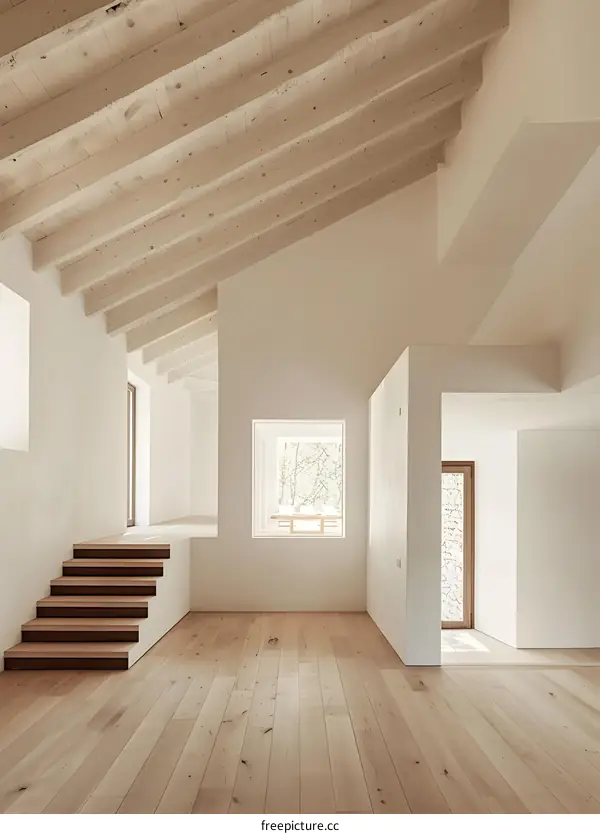 Minimalist Interior Design with Wooden Beams and Light Wood Flooring