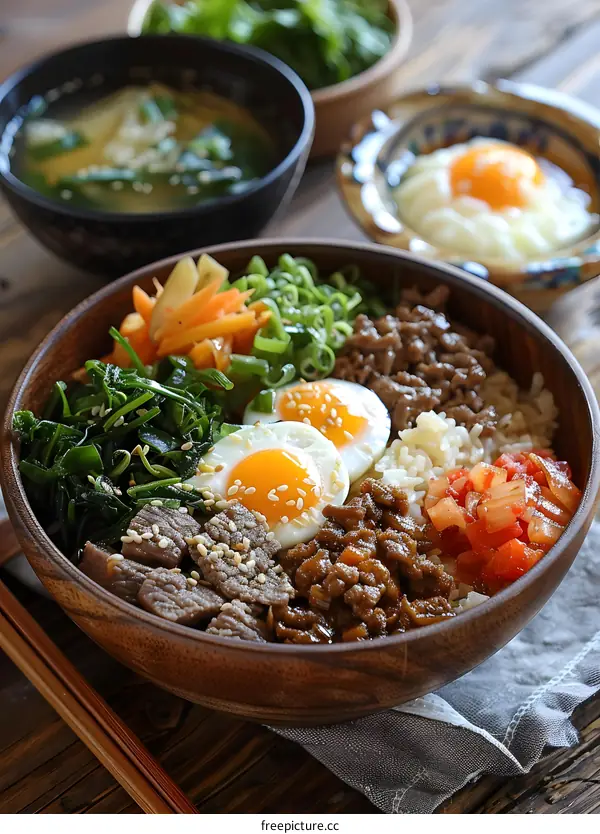 korean beef bowl with spinach and egg