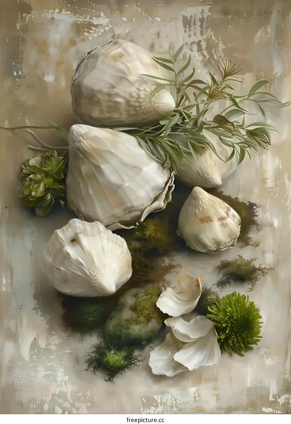 Seashells and Green Plants Still Life Photography