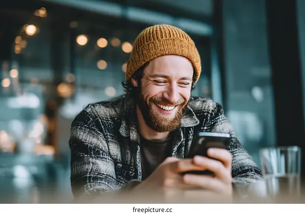 Happy Man Using Smartphone Outdoors in Cafe