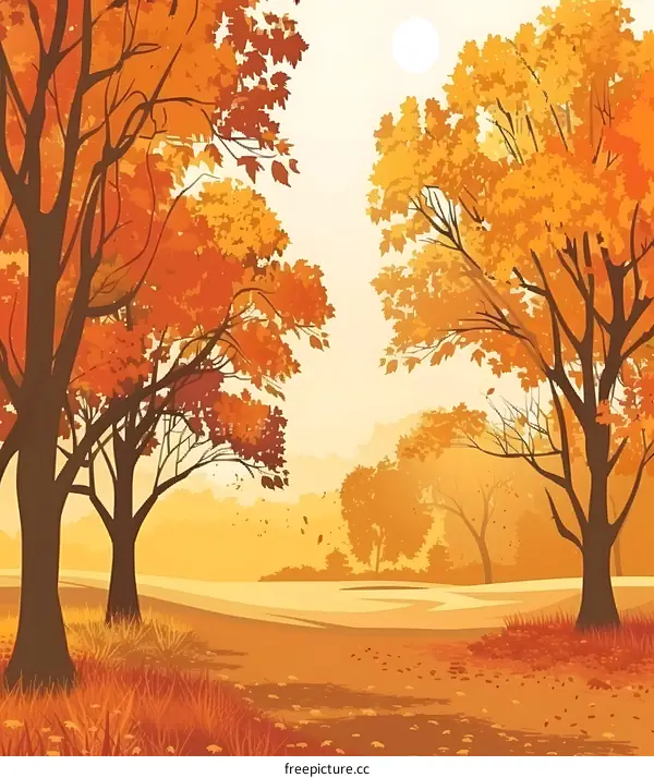 Autumn Forest Landscape Illustration With Yellow and Orange Trees