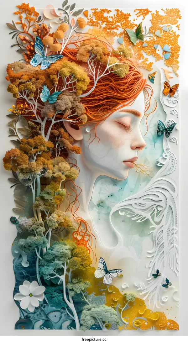 Woman with Papercut Flowers and Butterflies