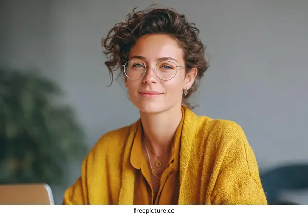 Confident Woman in Yellow Cardigan