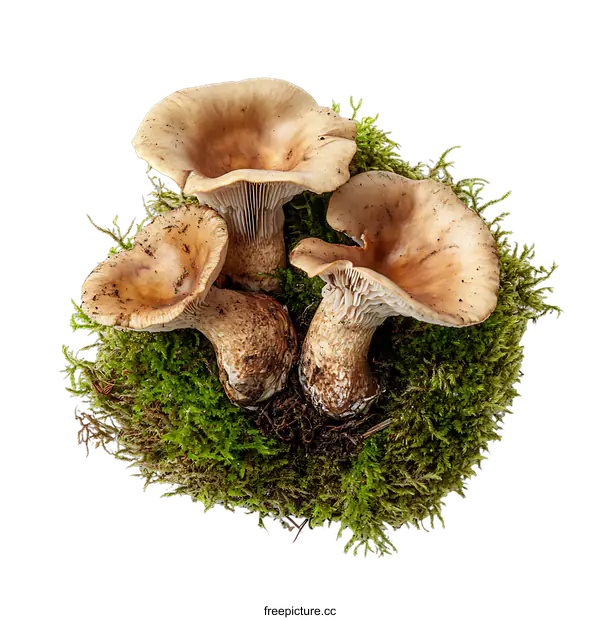 [Transparent Background PNG]Closeup of Three Mushrooms in a Bed of Moss