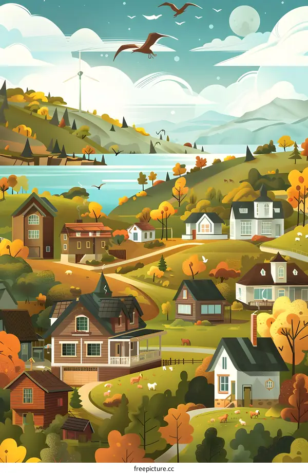 Peaceful Autumn Village with Wind Turbine and Birds Flying