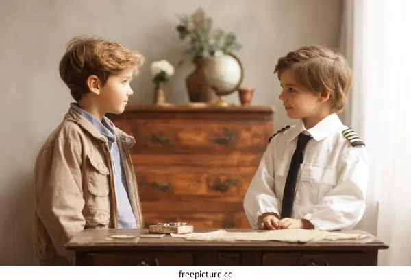 Two Children Dressed as Pilots in Vintage Setting