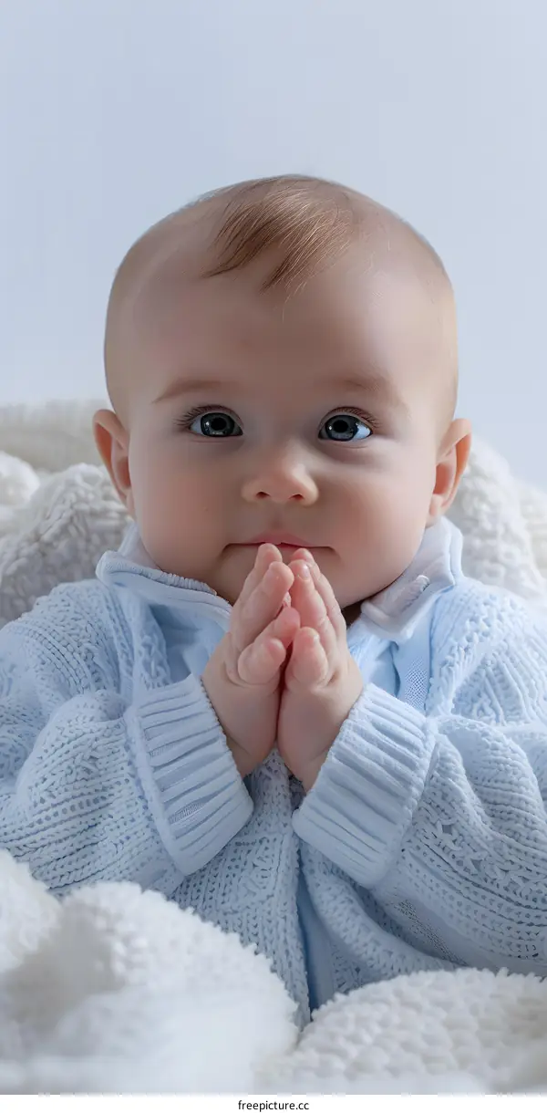 Portrait of a cute caucasian baby boy with blue eyes and blond hair wearing a blue sweater