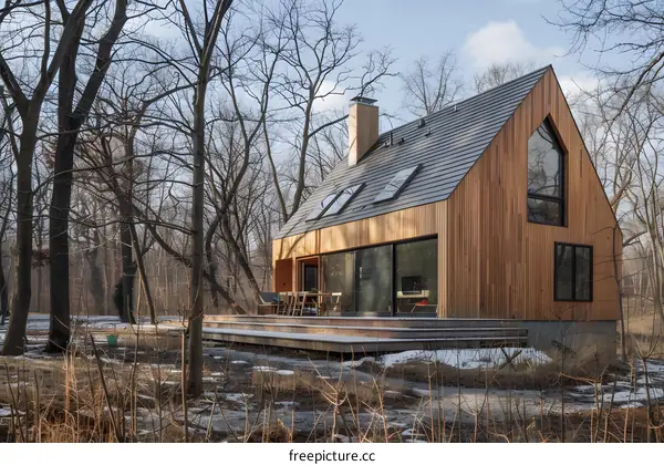 Modern Wooden Cabin in a Snowy Forest