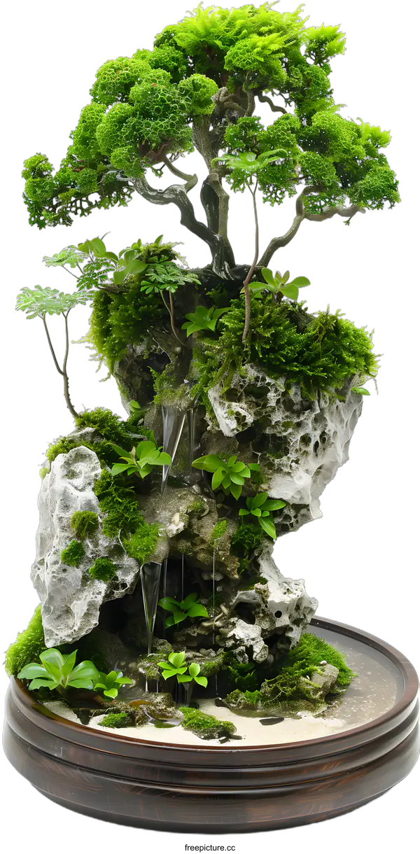 [Transparent Background PNG]Bonsai Tree Landscape with Waterfall