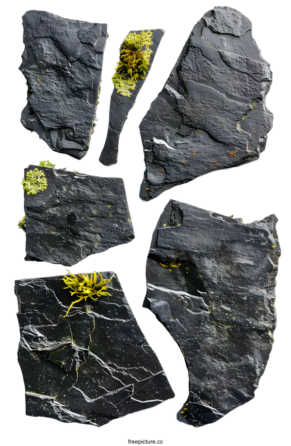 [Transparent Background PNG]Black Slate Rock Pieces Isolated On White Background