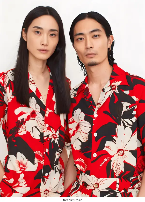 Couple in Matching Red Floral Hawaiian Shirts