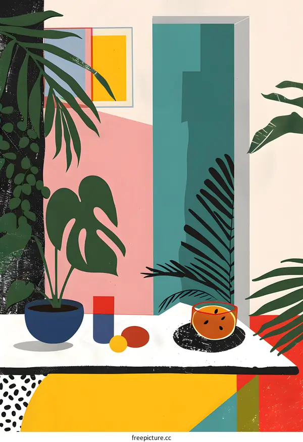 Watermelon Slice With Tropical Plants In A Room