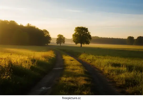 Sunrise over a peaceful country road with green fields and trees