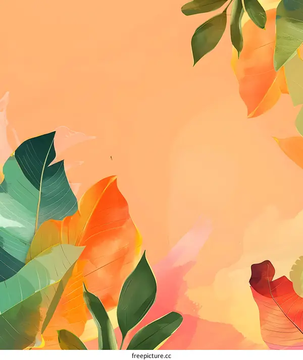 Tropical Leaves and Orange Watercolor Background
