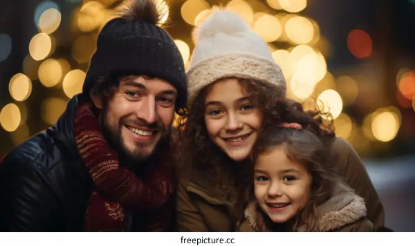 Happy family of three posing in front of Christmas lights