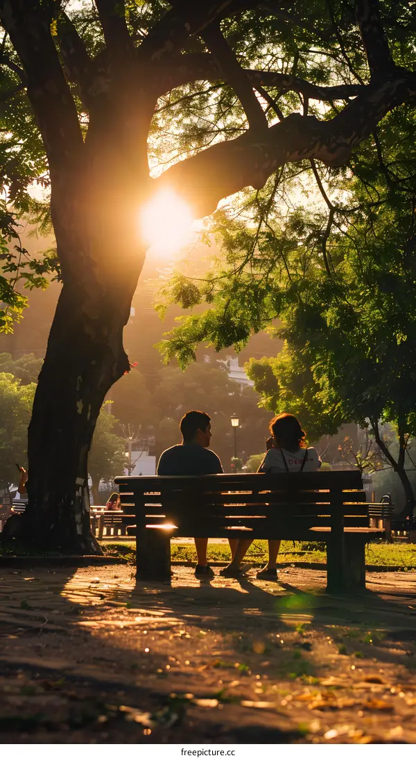 Couple Sitting on Bench Under a Tree at Sunset