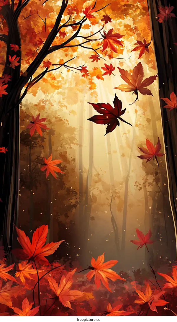 Autumn Forest Landscape Painting With Falling Leaves