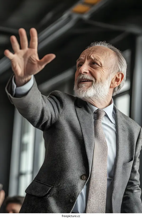 Businessman in a Gray Suit with a White Shirt and a Beige Tie Gesturing With His Hand