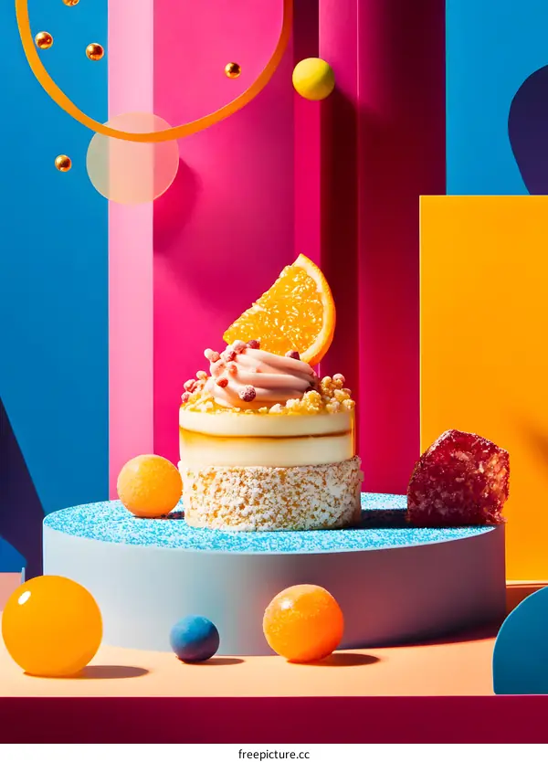 Orange Cake Dessert On Blue Background With Colorful Decorations