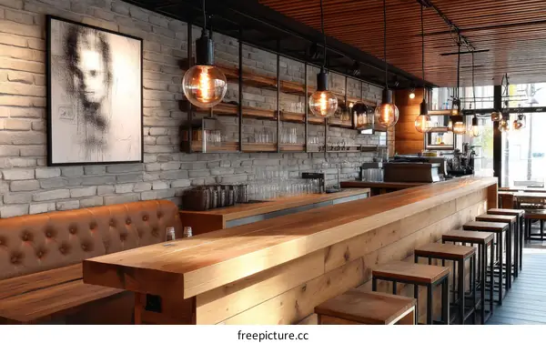 Modern Cafe Interior Design with Exposed Brick and Wooden Bar