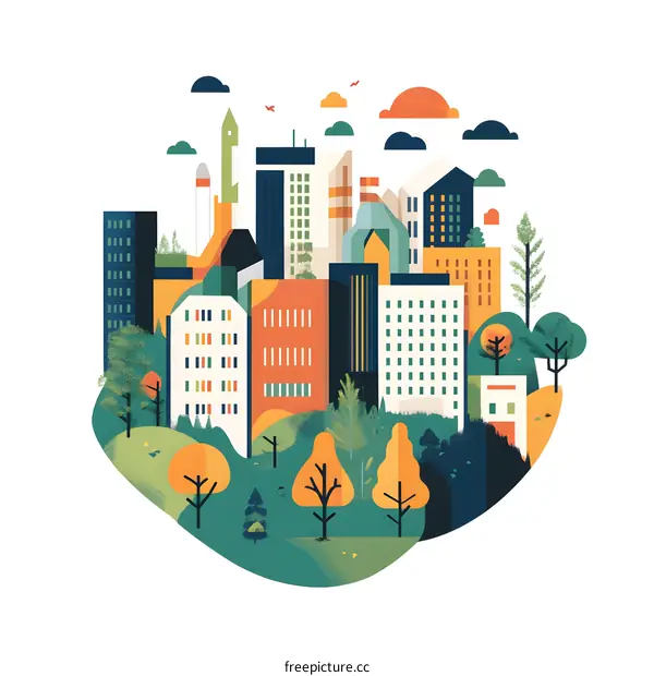Modern Cityscape With Green Trees and Buildings Illustration