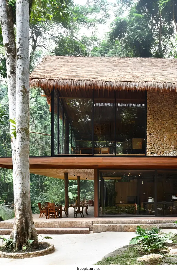 Modern House with Glass Walls and a Thatched Roof in a Tropical Forest